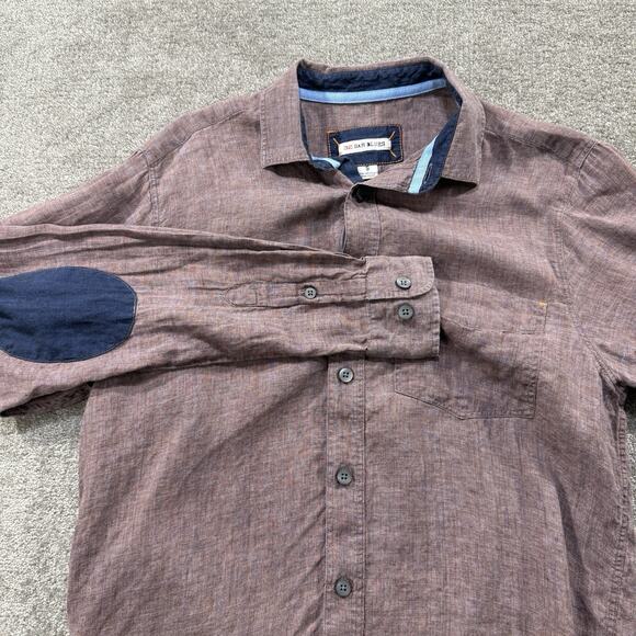 32 Bar Blues Linen Button Shirt S Wine/Burgundy Long Sleeve Elbow Patch Casual - Picture 1 of 7